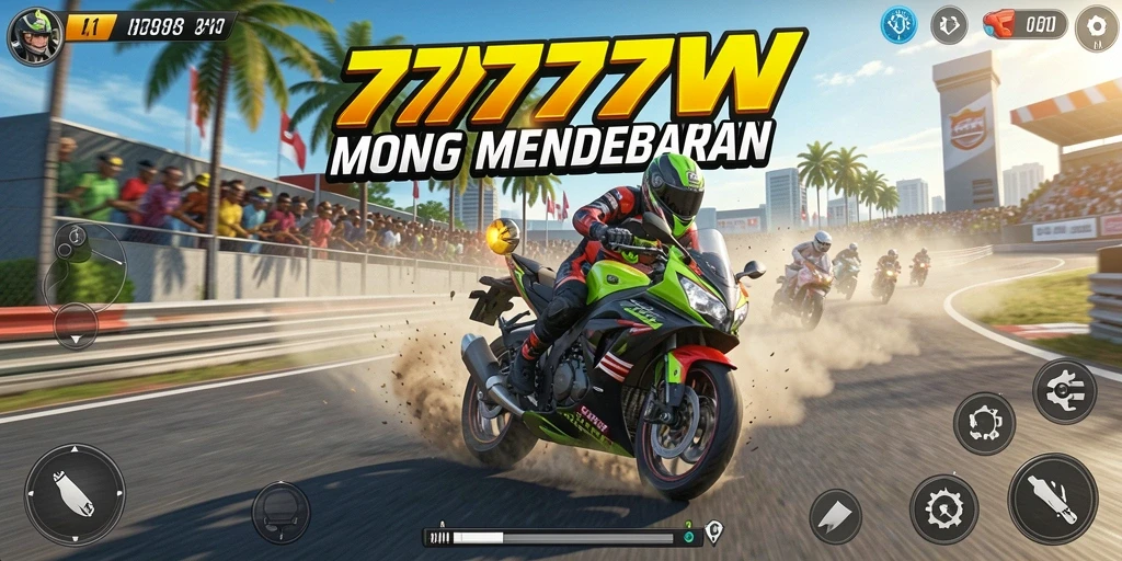 Screenshot utama 7777W menampilkan aksi balapan motor yang mendebarkan.