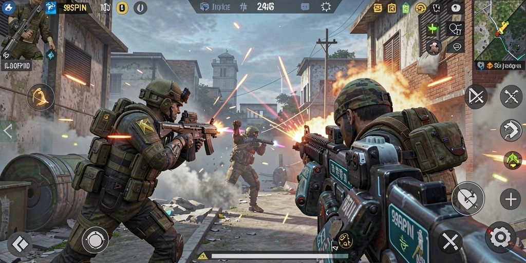 Screenshot memperlihatkan aksi intens dalam gameplay FPS 98SPIN.