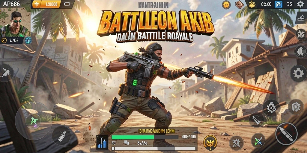 Tangkapan layar gameplay AP686 dengan aksi Battle Royale yang intens.