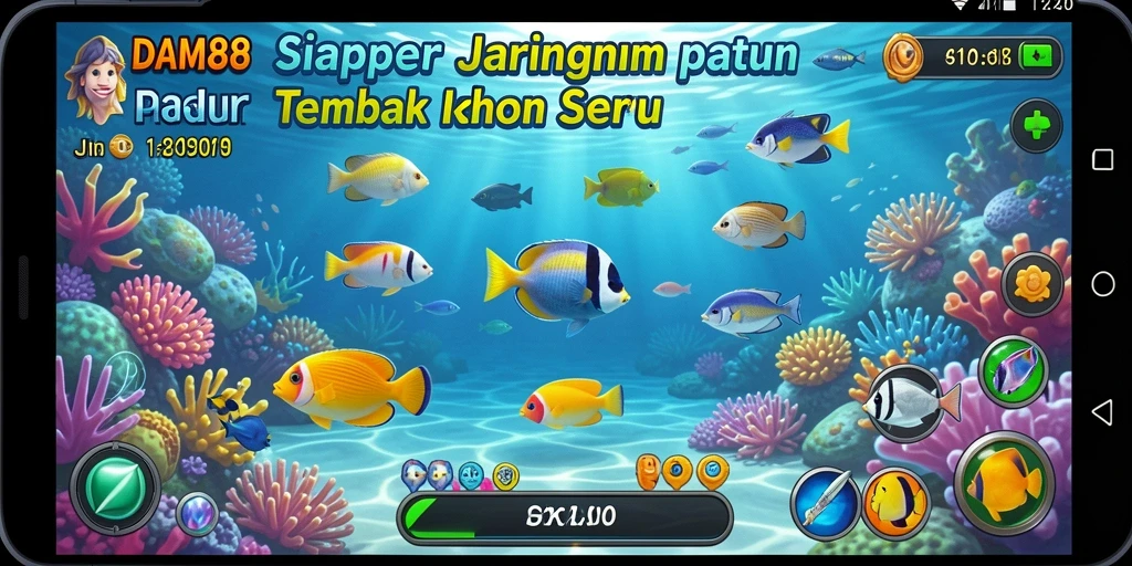 Screenshot gameplay DAM88 dengan ikan berwarna-warni di bawah laut.