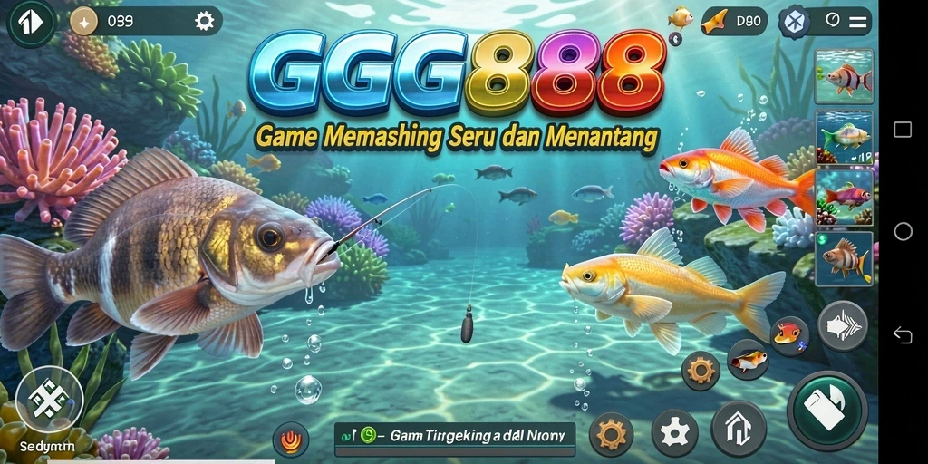 Screenshot GGG888 menampilkan aksi memancing yang seru di lautan yang indah.