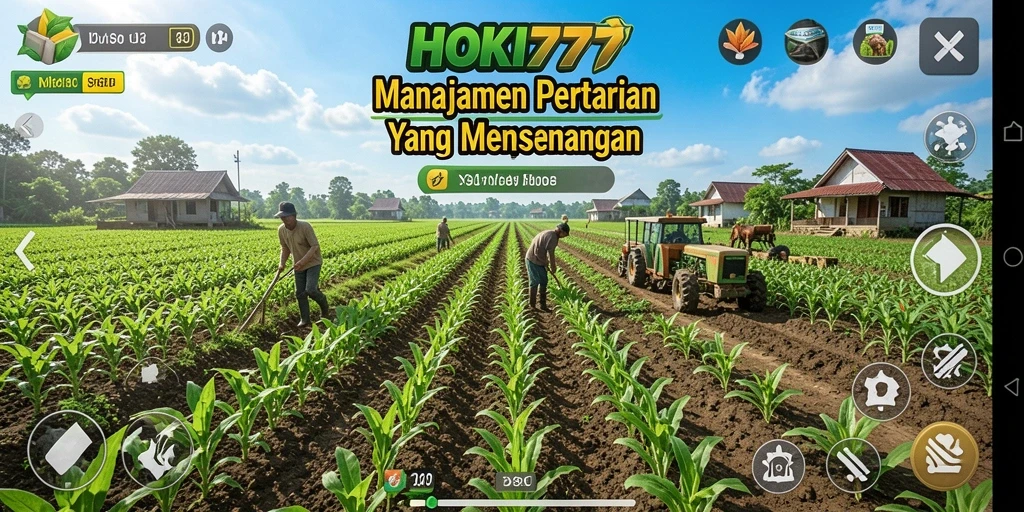 Tampilan gameplay HOKI777 yang menampilkan pertanian yang aktif dan ceria.