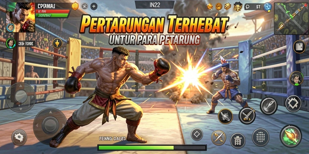 Screenshot gameplay IN22 menunjukkan pertarungan seru antara karakter-karakter hebat.