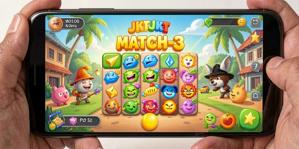 Gameplay seru JKTJKT dengan kombinasi warna-warni.