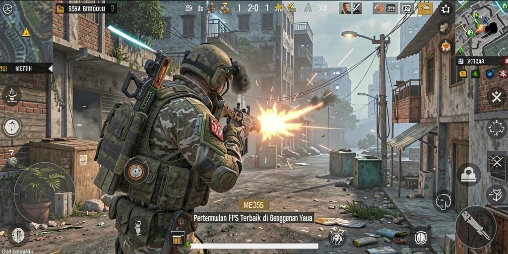 Tampilan aksi seru dalam game ME355 dengan grafis FPS yang menakjubkan.