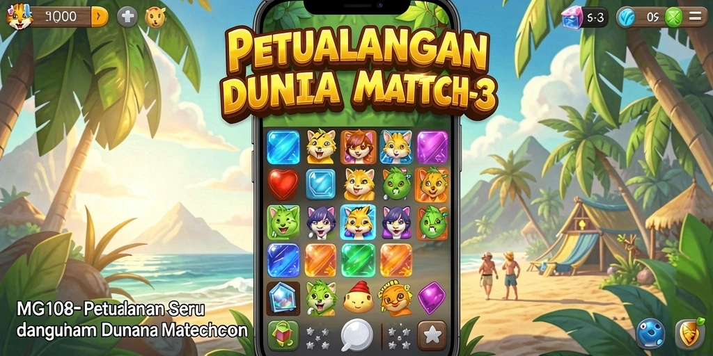 Screenshot utama MG108 menampilkan gameplay seru Match-3 yang penuh warna.