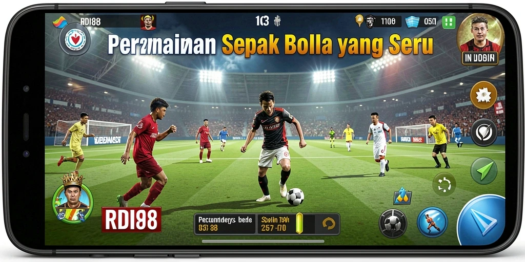 Screenshot gameplay RDI88 menampilkan aksi seru di lapangan sepak bola.