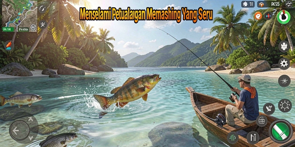 Tampilan screenshot utama RK55 yang menunjukkan aksi memancing yang mendebarkan.