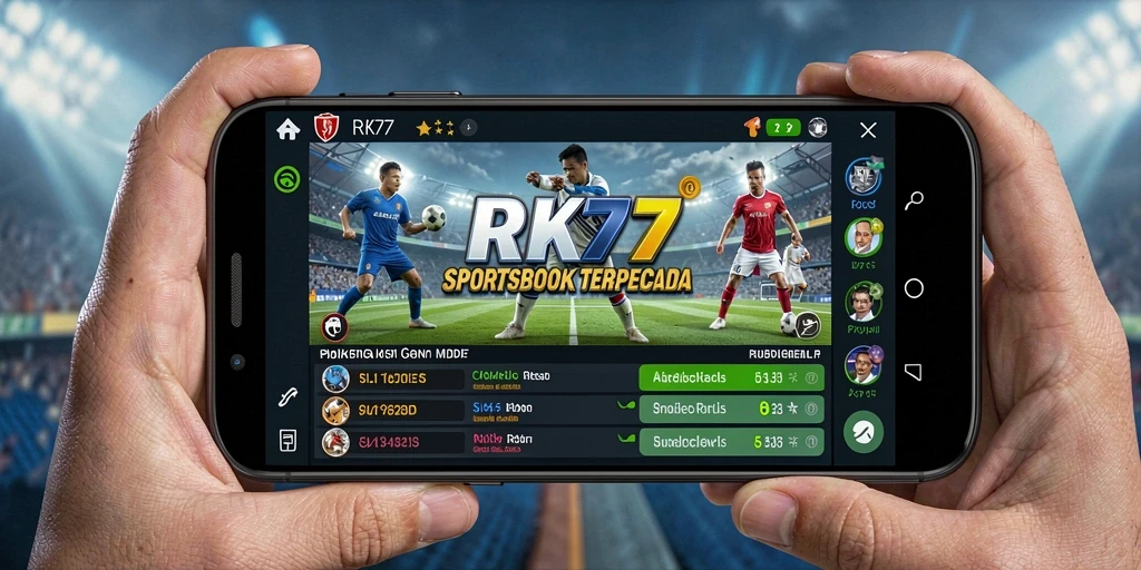Tampilan screenshot RK77 menampilkan antarmuka aplikasi Sportsbook yang menarik.
