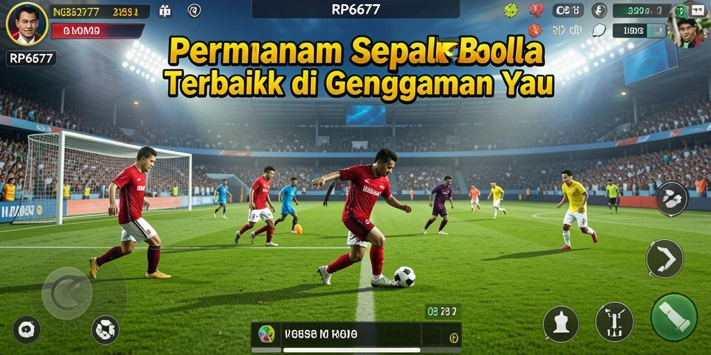 Screenshot utama RP6677 menunjukkan aksi seru di lapangan sepak bola.