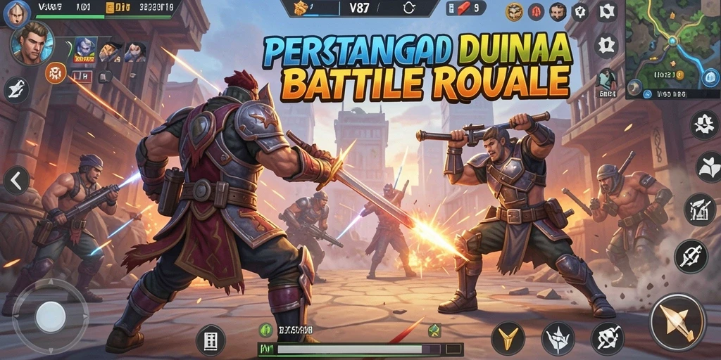 Screenshot gameplay V87 menampilkan aksi seru di medan perang Battle Royale.