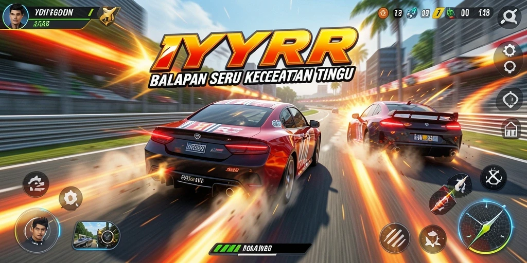 Tampilan gameplay YYRR dengan mobil beradu kecepatan di lintasan balap.